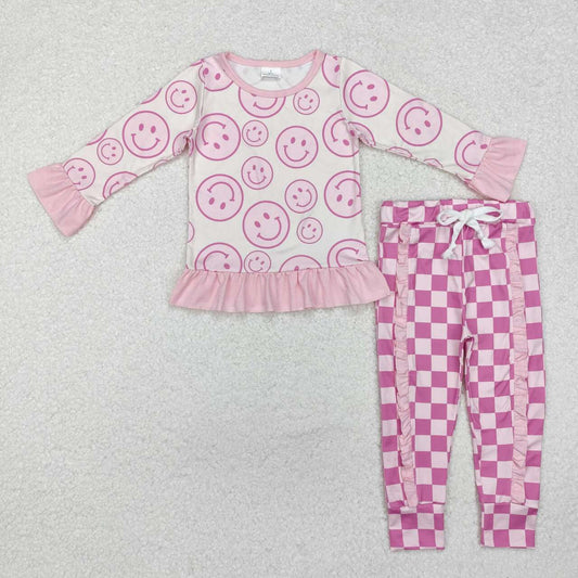 Smiley pink plaid Pants Girls Set