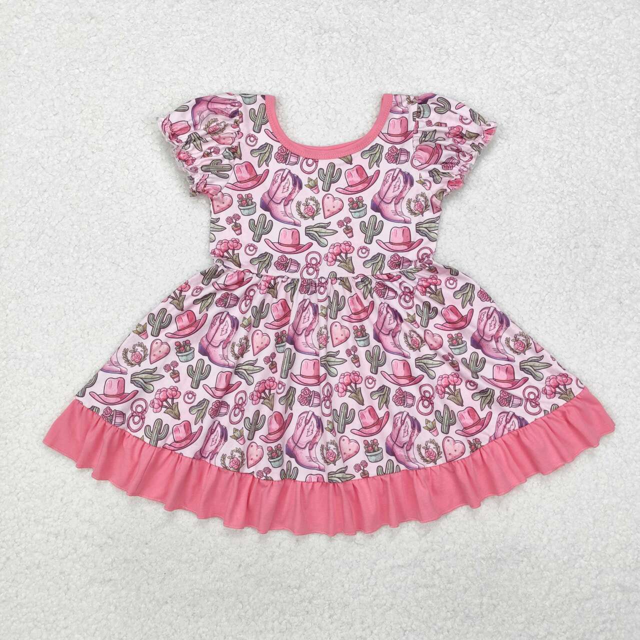 Western cactus boots Hot Pink Short Sleeve Girls dress