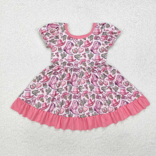 Western cactus boots Hot Pink Short Sleeve Girls dress