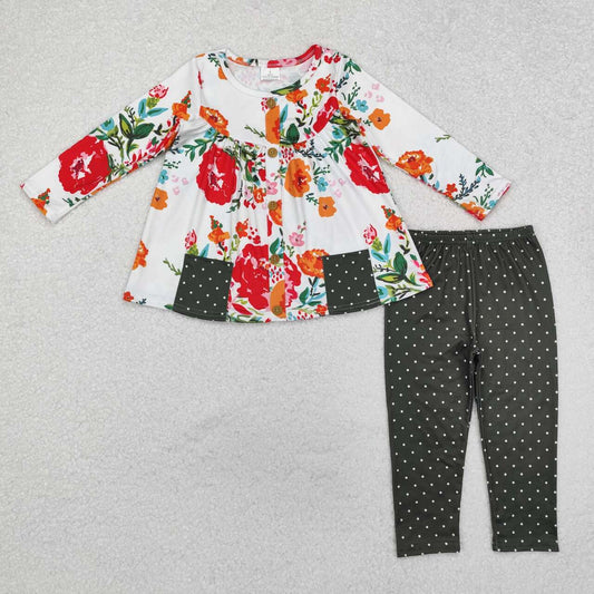 Fall floral Print Green Dots Long Sleeve Girls Set
