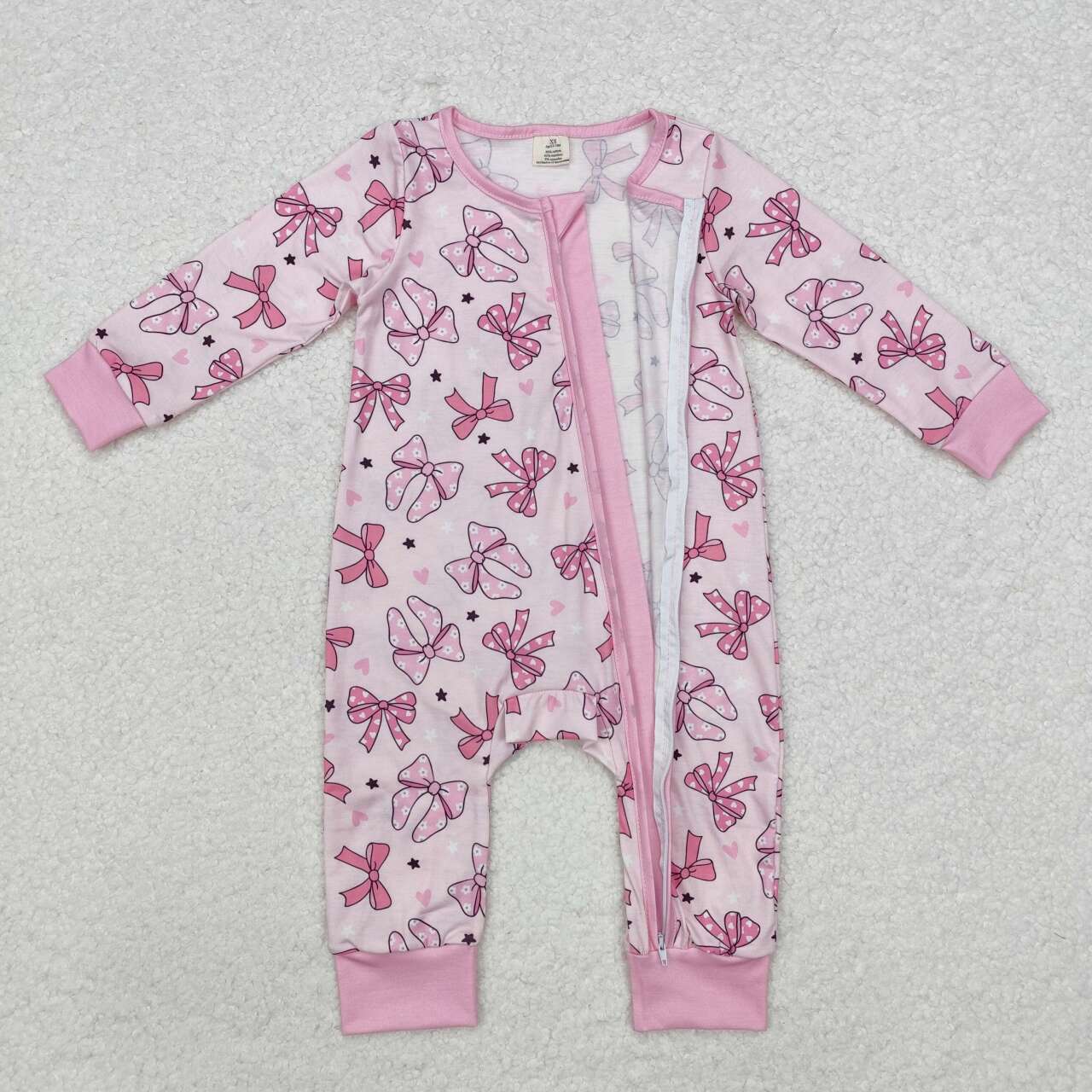 Pink Bow print Baby Romper With zipper( material contains bamboo )