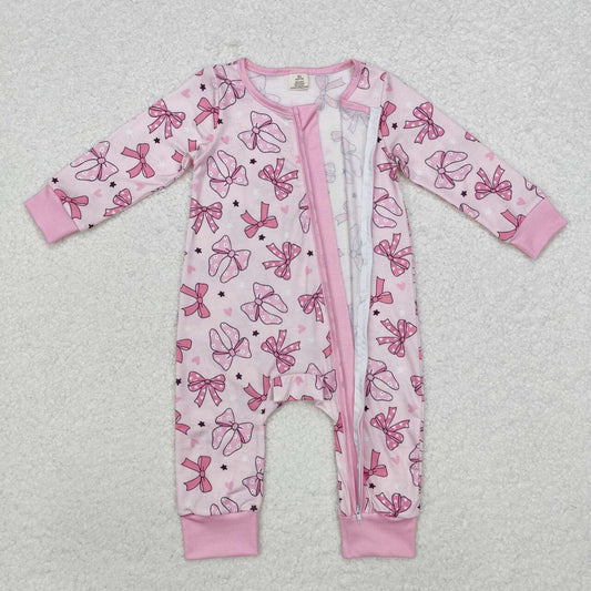 Pink Bow print Baby Romper With zipper( material contains bamboo ďź