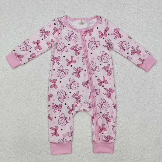 Pink Bow print Baby Romper With zipper( material contains bamboo ďź