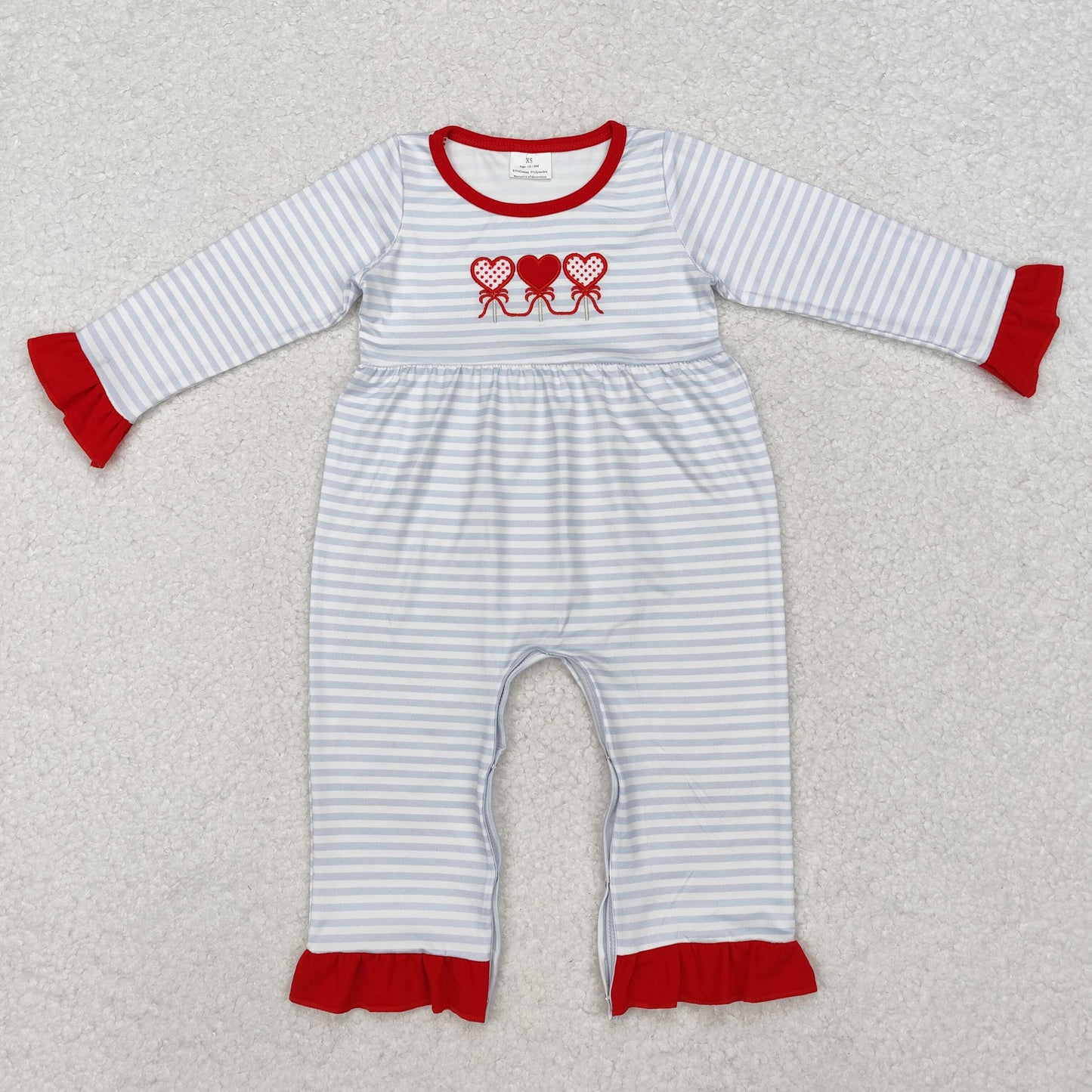Valentine's Day Embroidery Stripe Heart Long Sleeve Baby Romper