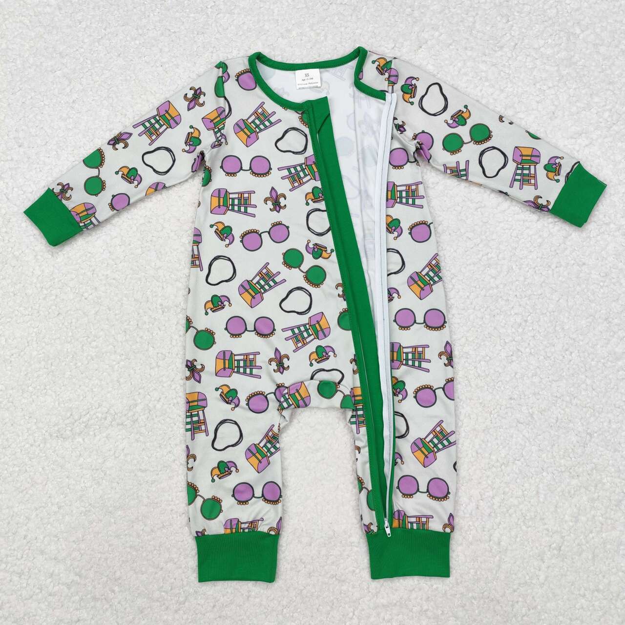 Mardi Gras print Baby Romper With zipper