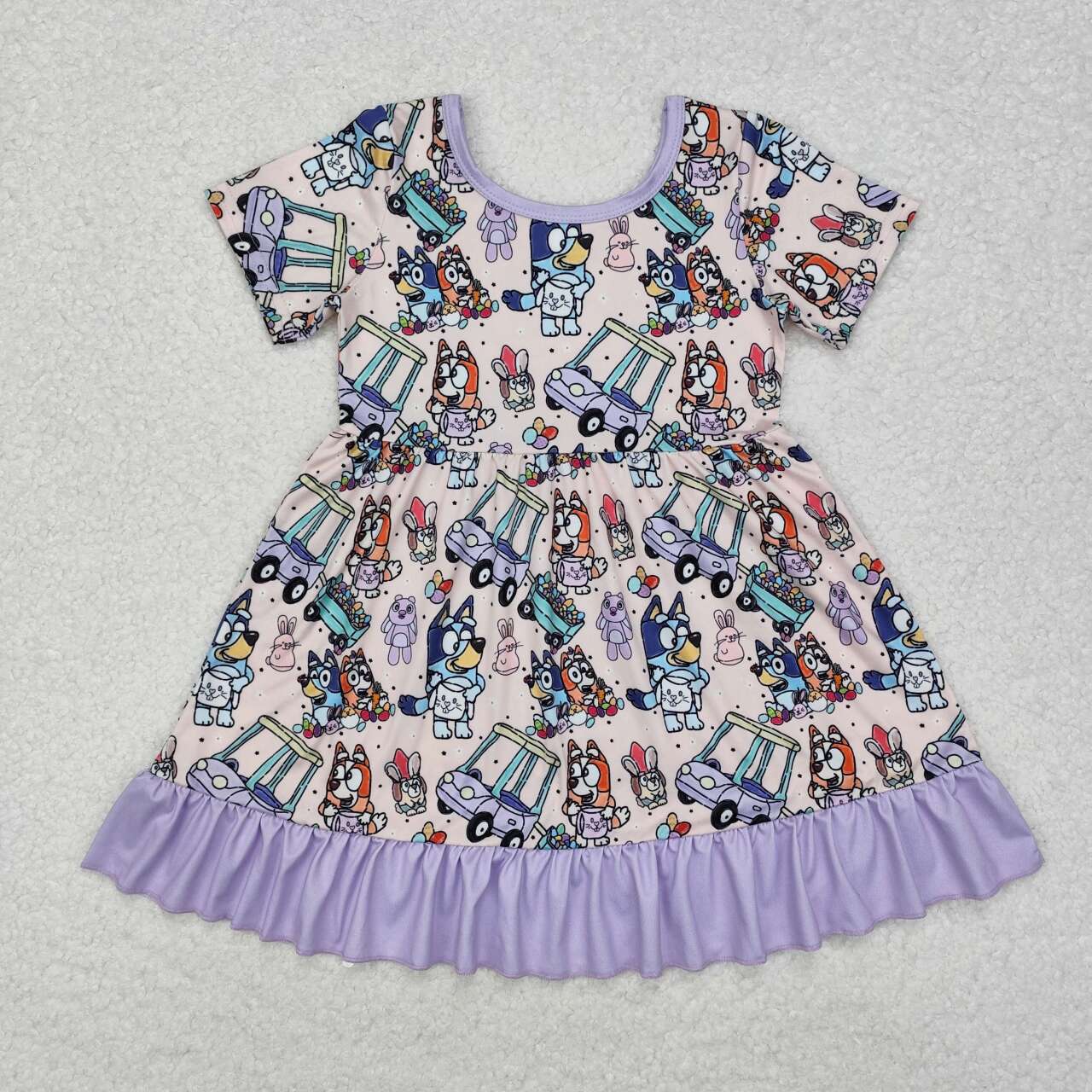 Purple Cratoon Dog Print Short Sleeve Girls dress