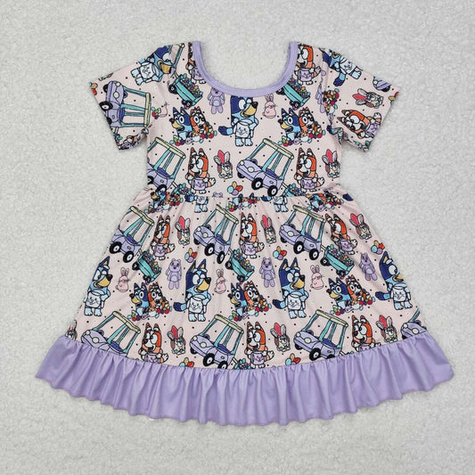 Purple Cratoon Dog Print Short Sleeve Girls dress