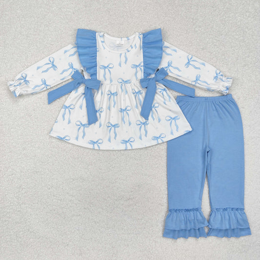 Blue Bow Print Long Sleeve Girls Set