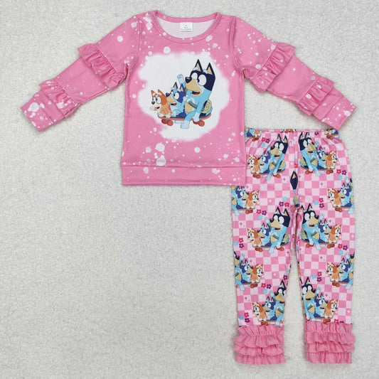 Pink Cartoon Dog Print Pants Girls Set