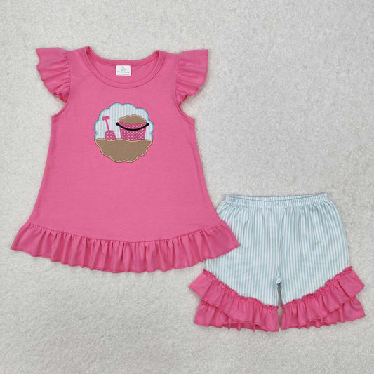 Hot Pink beach embroidery girls Suit Summer Set