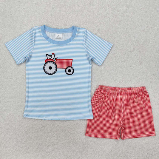 July of 4th tractor embroidery boys Suit Summer Set