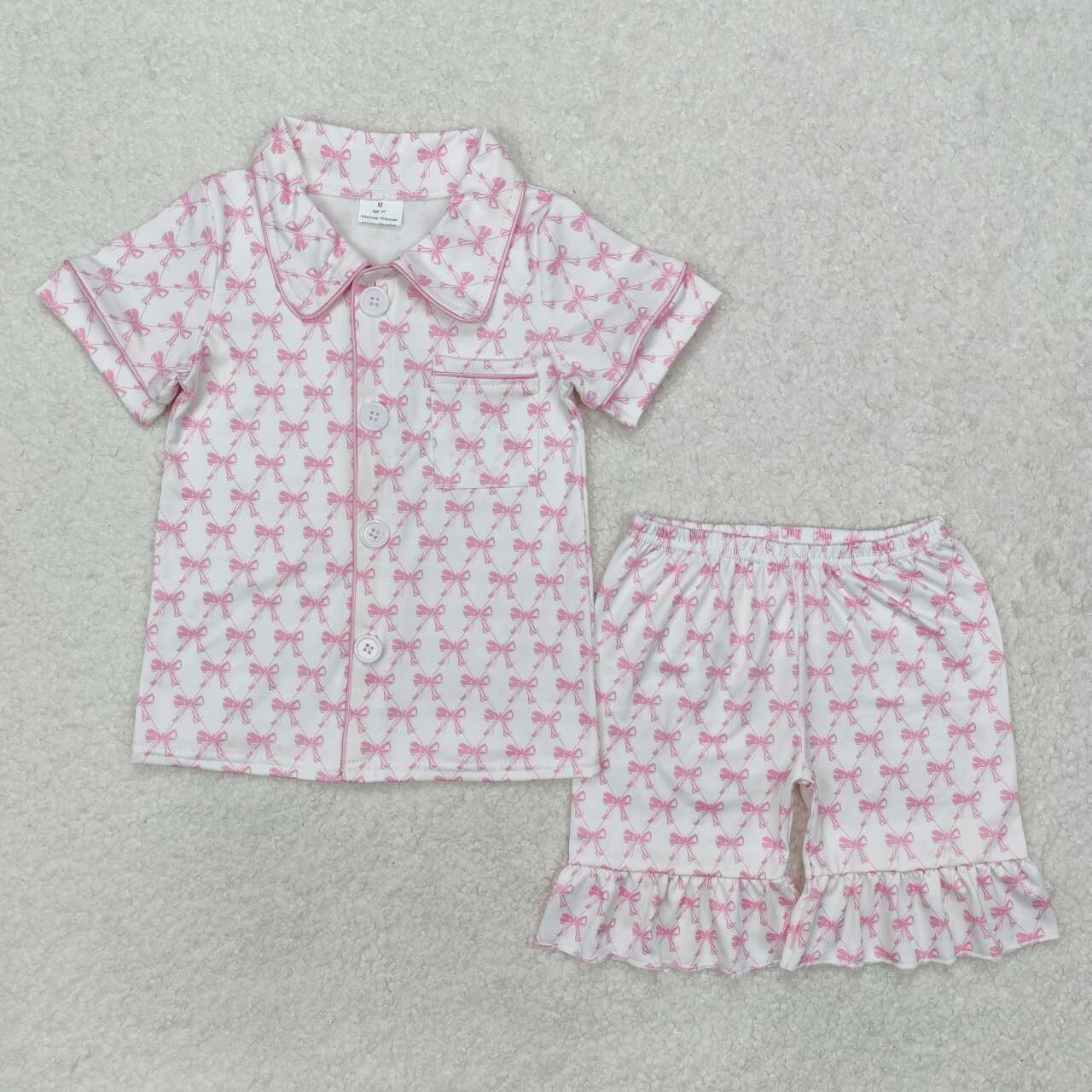 Pink Bow Print Short Sleeve Girls Set