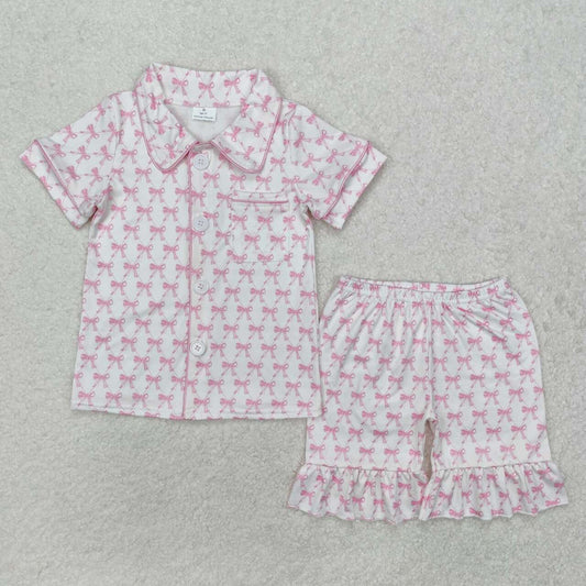 Pink Bow Print Short Sleeve Girls Set
