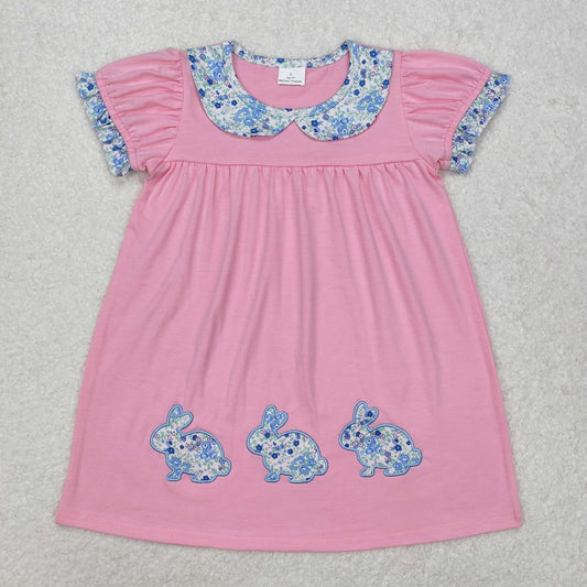 Easter pink embroidery Bunny floral short sleeve dresses