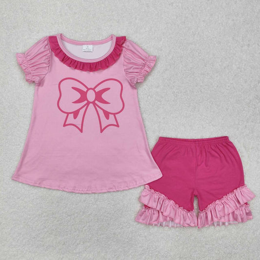 Hot Pink Bow short Sleeve girls Suit Summer Set