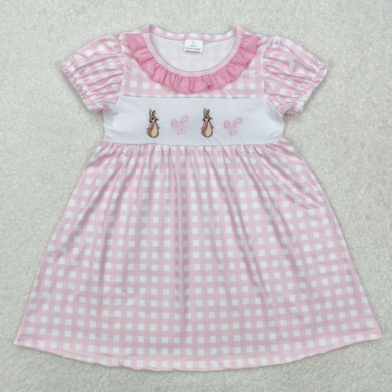 Easter pink plaid embroidery Bunny short sleeve dresses
