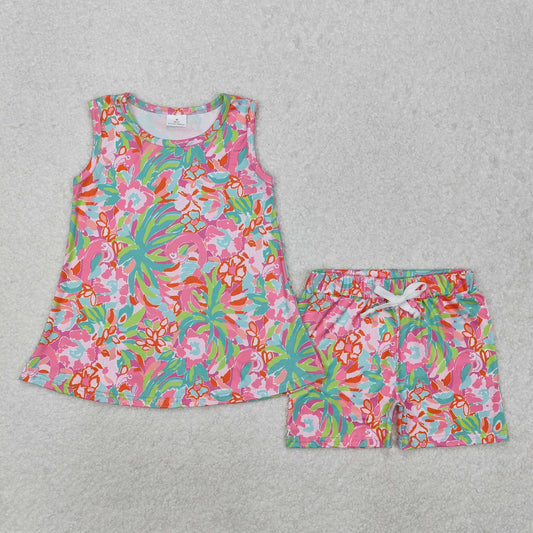 pink floral sleeveless Girls Set