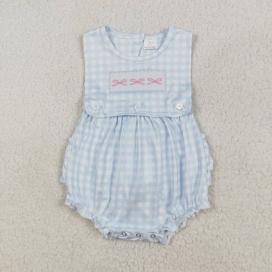 Blue plaid embroidery sleeveless Baby Romper