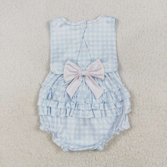 Blue plaid embroidery sleeveless Baby Romper