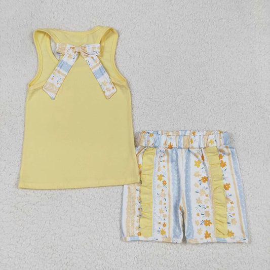 Yellow floral short Sleeveless girls Suit Summer Set