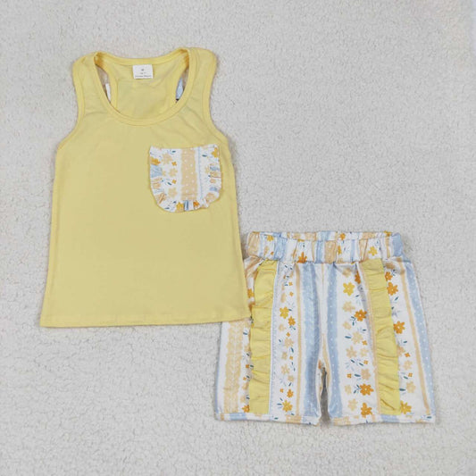 Yellow floral short Sleeveless girls Suit Summer Set