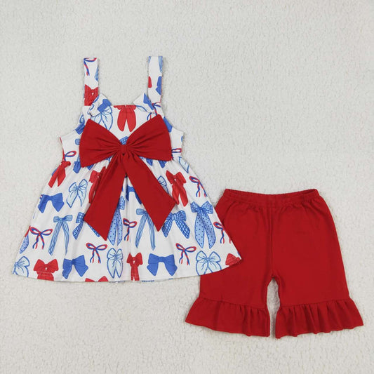 July of 4th Red Bow short Sleeveless girls Suit Summer Set