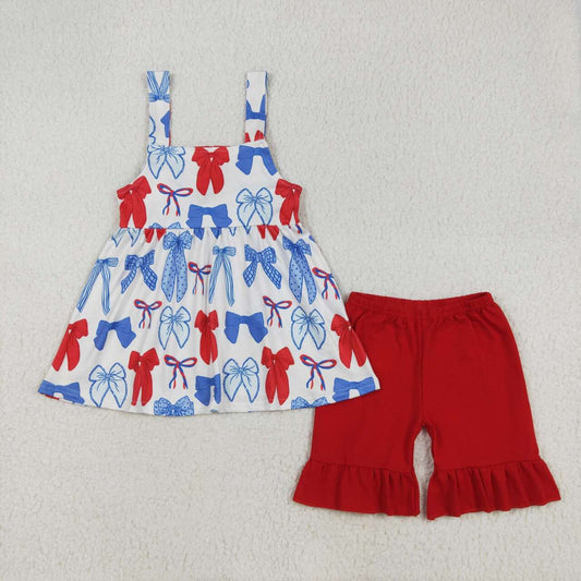 July of 4th Red Bow short Sleeveless girls Suit Summer Set
