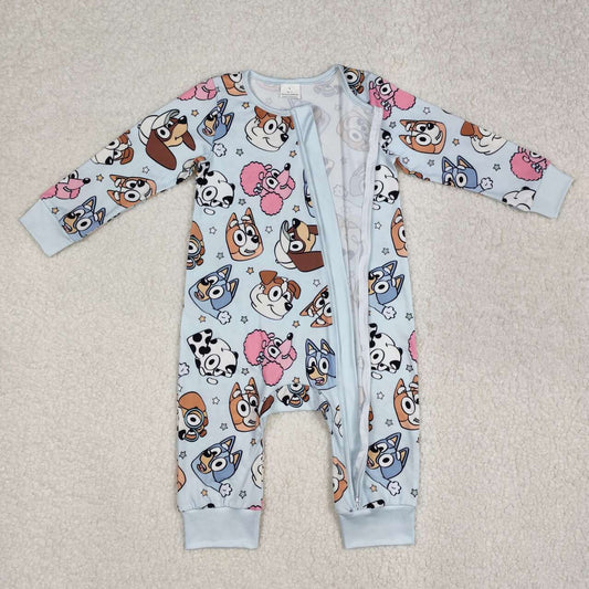 Blue cartoon print Baby Romper With zipper