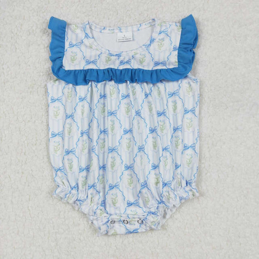 floral Blue bow print Baby Romper