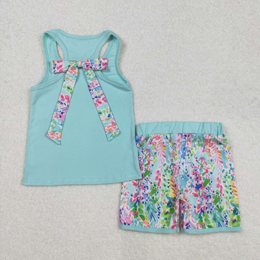 Green floral Sleeveless girls Suit Summer Set