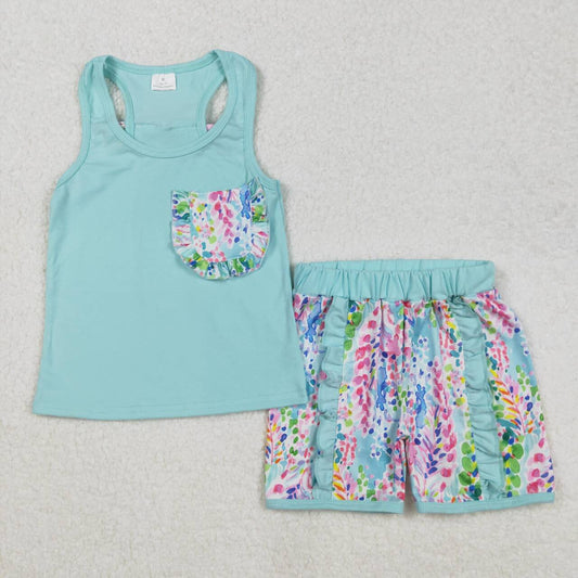 Green floral Sleeveless girls Suit Summer Set