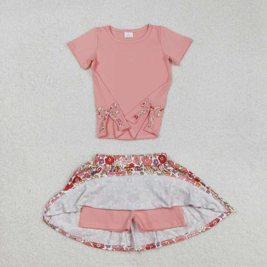 Pink Bow embroidery floral Suit Summer Set