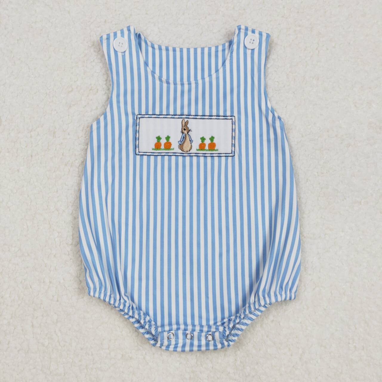 Easter Blue Stripe Bunny embroidery Baby Romper