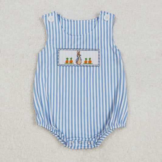 Easter Blue Stripe Bunny embroidery Baby Romper
