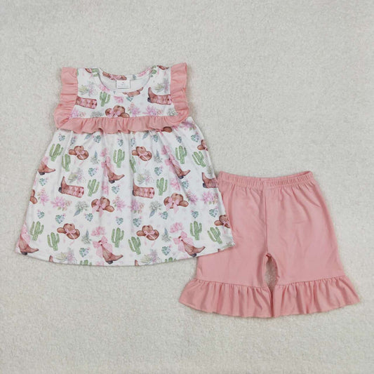 western Pink Boot print girls Suit Summer Set
