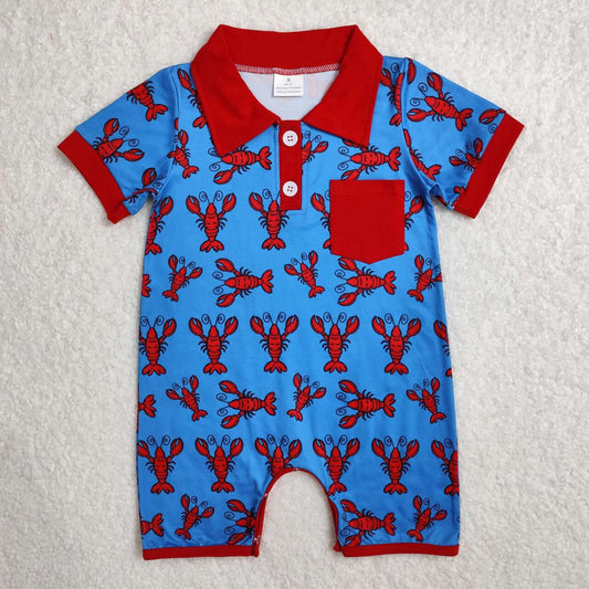 blue lobster Print Short Sleeve Baby Romper