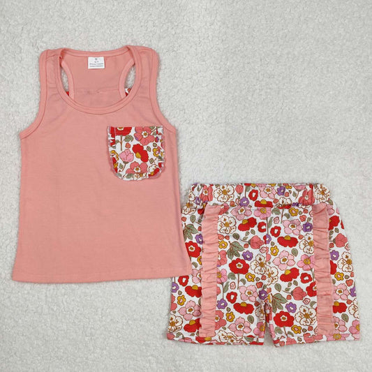 Pink floral sleeveless print girls Suit Summer Set