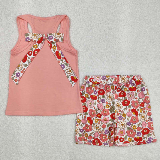 Pink floral sleeveless print girls Suit Summer Set