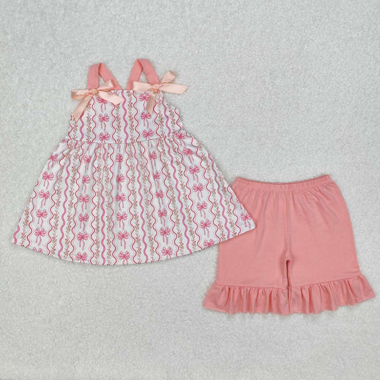 Bow floral print girls Suit Summer Set