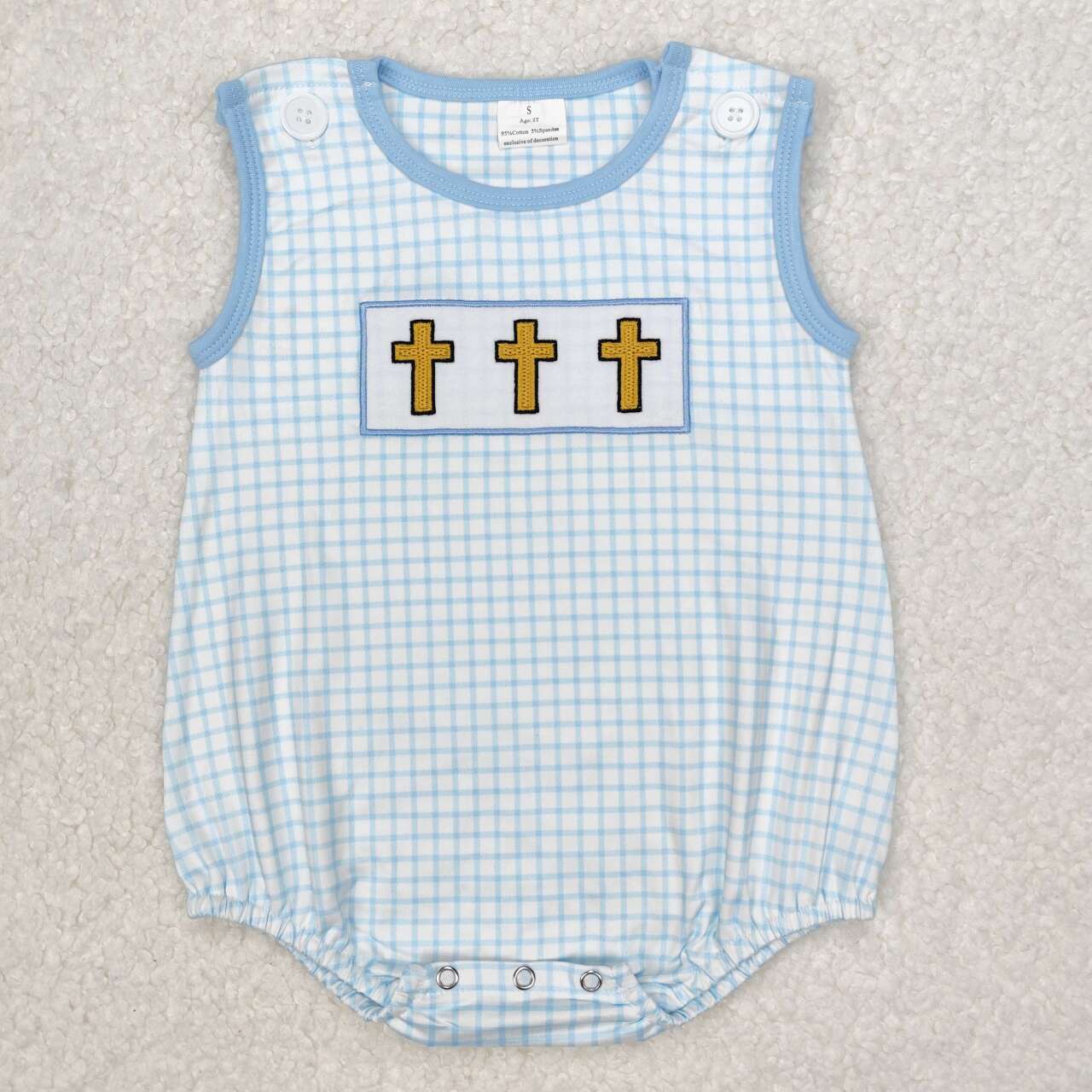 Easter Blue plaid cross embroidery Baby Romper