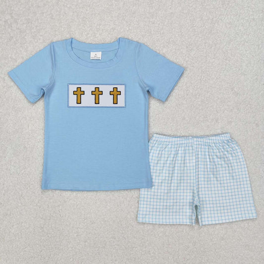 Easter embroidery cross short sleeve boy set