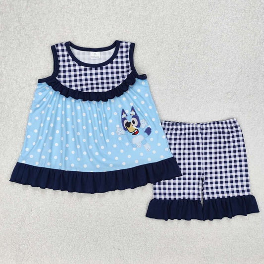 Blue dots Sleeveless dog Cartoon girls Suit Summer Set
