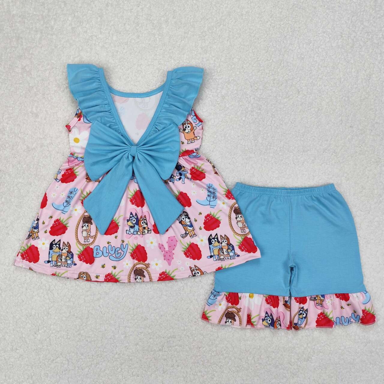 Pink Cartoon strawberry Dog girls Suit Summer Set