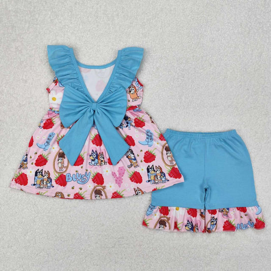 Pink Cartoon strawberry Dog girls Suit Summer Set