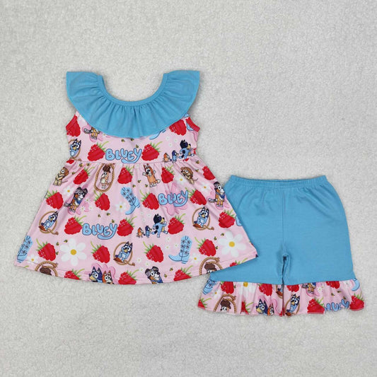 Pink Cartoon strawberry Dog girls Suit Summer Set