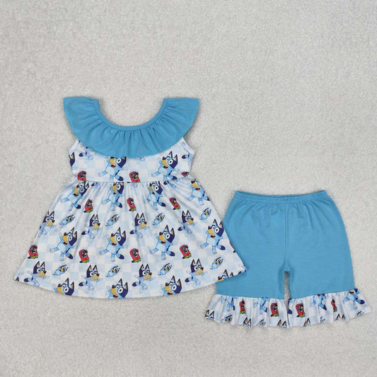 Blue Cartoon Dog girls Suit Summer Set