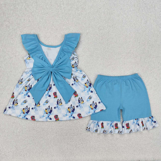 Blue Cartoon Dog girls Suit Summer Set