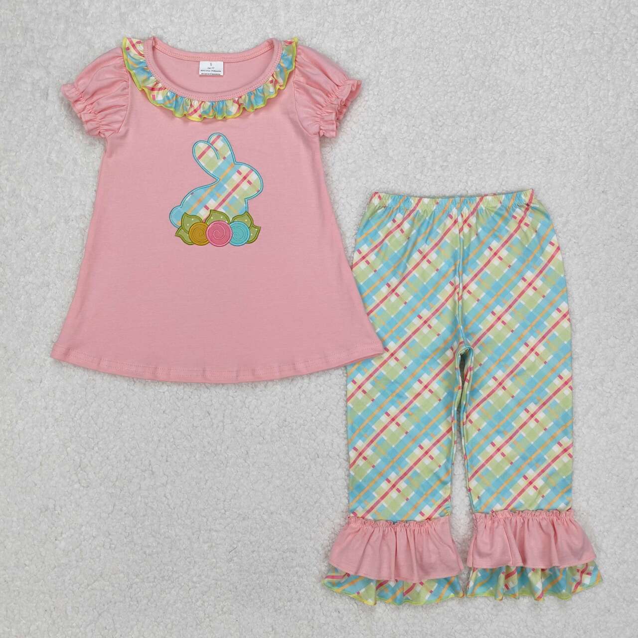 Easter Pink bunny embroidery short sleeve Girls Set