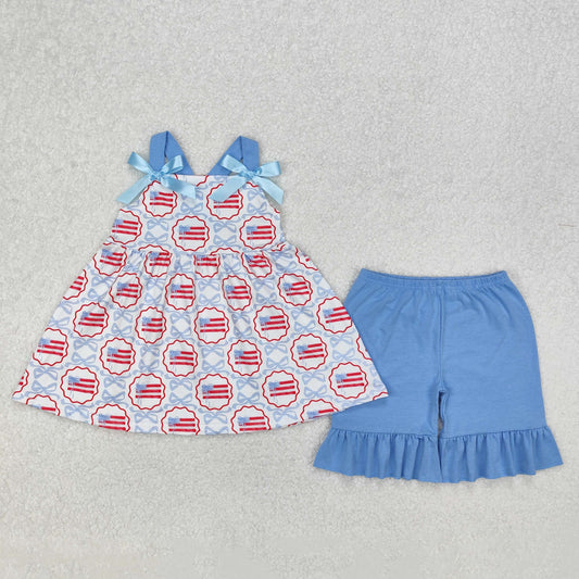 july of 4th flag Print Short sleeve Girls Set