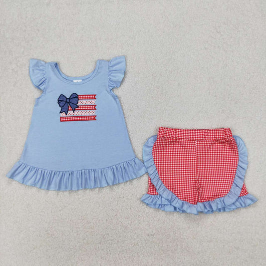 July of 4th Bow embroidery Girls Suit Summer Set